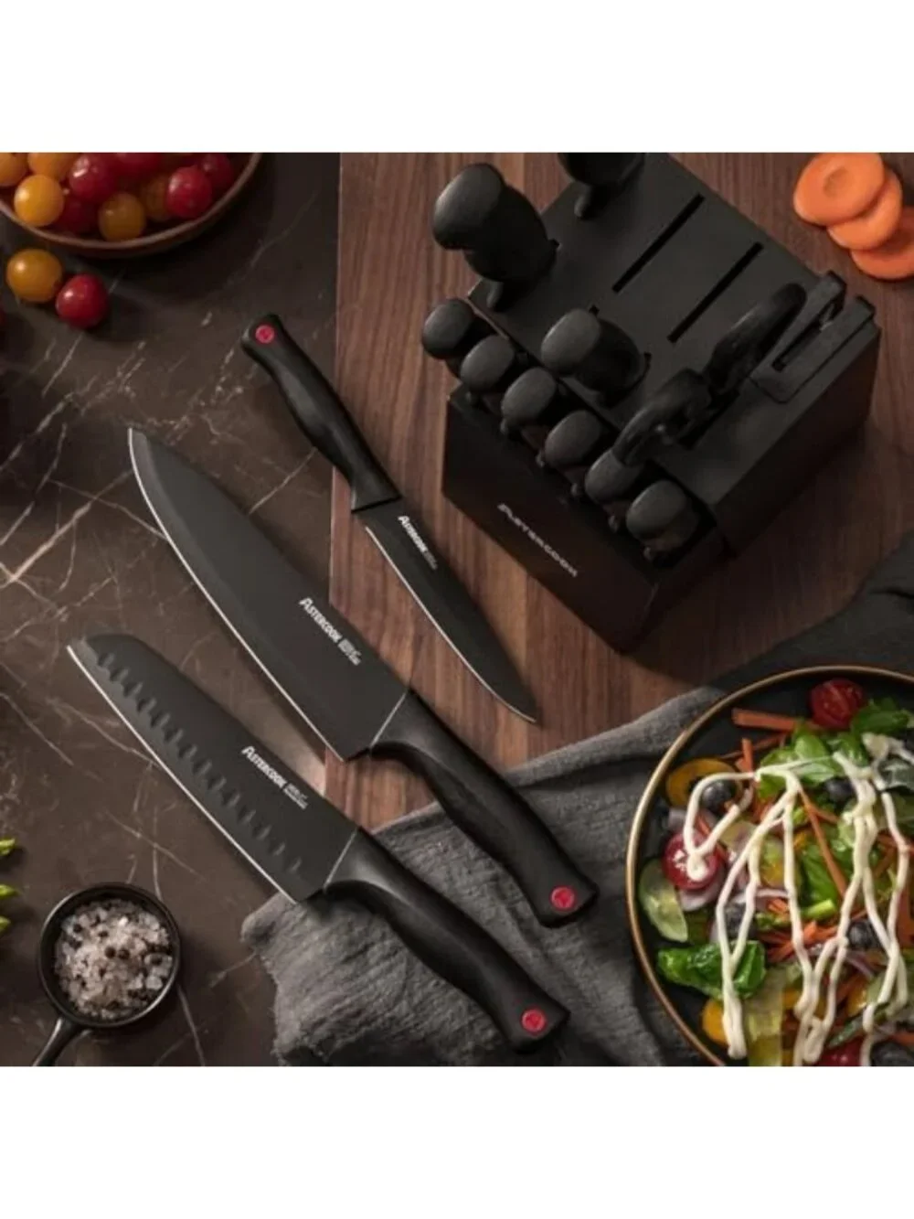 15-Piece Kitchen Knife Set with Block & Sharpener - German Steel, Professional